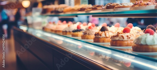 Gourmet desserts and specialty coffee drinks in an elegant patisserie with hazy bokeh background