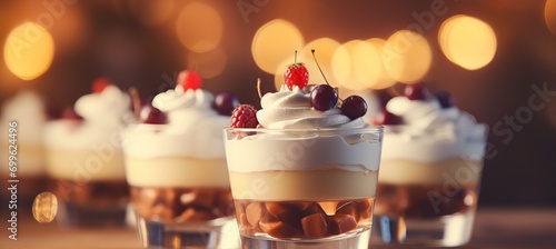 Radiant bokeh background with gourmet desserts and specialty coffee in an elegant patisserie setting