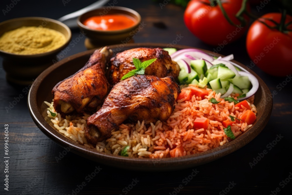 Fototapeta premium Experience the flavors of West Africa with this enticing plate of traditional Jollof rice and grilled chicken