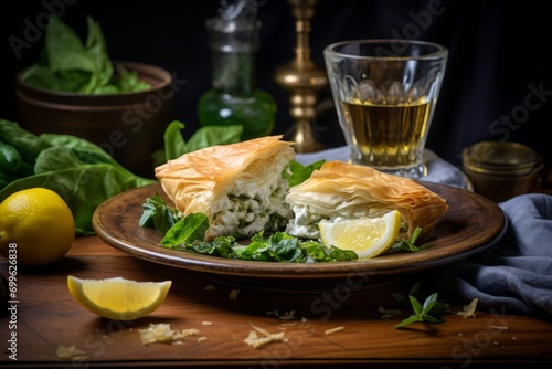 Experience the flavors of Greece with a homemade Spanakopita, paired with a fresh Greek salad and a glass of white wine, presented on a rustic wooden table