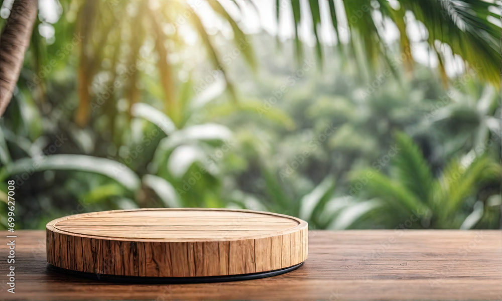 Wooden circle product stand on wooden table Wooden circle product stand on wooden table