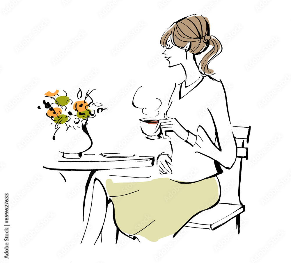 This is an illustration of a woman sitting in a chair at a cafe enjoying coffee, tea, etc. This is an illustration of a woman sitting in a chair at a cafe enjoying coffee, tea, etc.