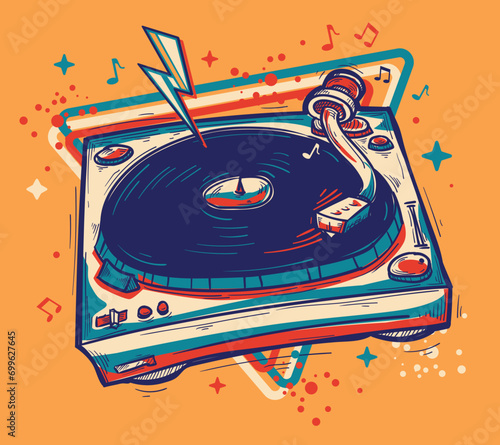 Drawn vinyl records turntable and musical notes, colorful music design