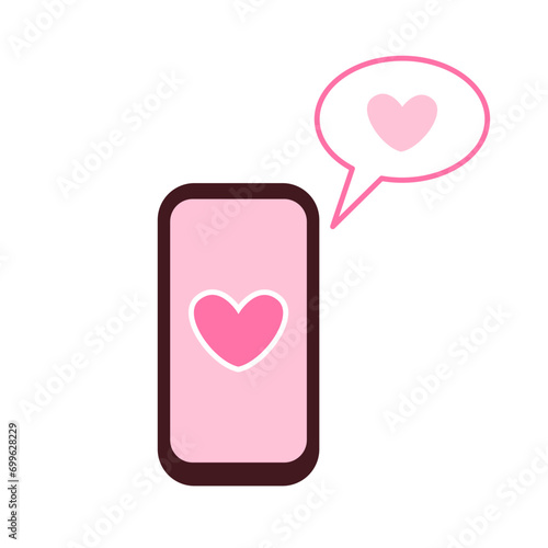 Vector illustration of a mobile phone with a heart on the screen. A conversational cloud with a heart. Love letters, conversations, messages using a smartphone
