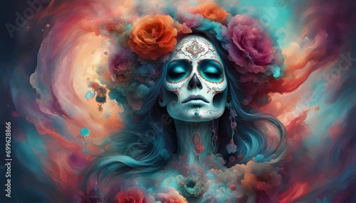 Portrait of queen of the dead in an abstract colorful flowery background © Michael