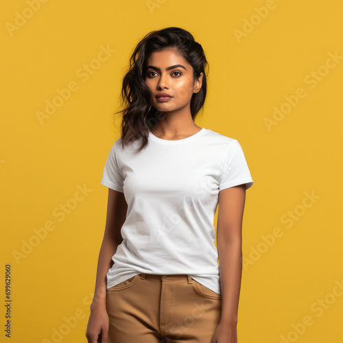 young girl wearing white t shirt on yellow background