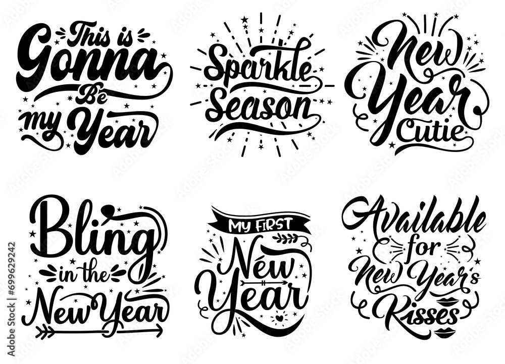 New Year Quote Element Design. this is my new year, bling in the new year, new year cutie, sparkle season, available for new year risses great set collection on white background.