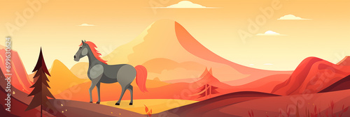Cavalo em uma paisagem de deserto e montanhas- Ilustração infantil Panorâmico  photo