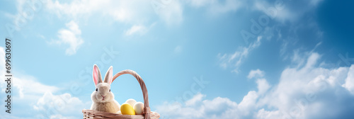 Coelho em uma cesta de ovos de pascoa e no fundo o céu azul com nuvens brancas - Panorama  photo