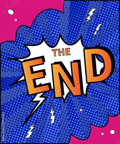 Pop art illustration with the caption The End. Retro style stylized comic book image. Suitable for comics, prints, prints, wallpapers, backgrounds. stylized text.