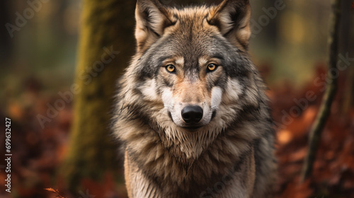Portrait of grey wolf in the forest. Wolf in the wood at the autumn background. AI Generative