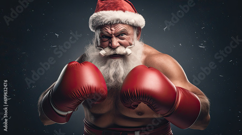 Santa Claus with boxing glove ready for fight. Funny and different.