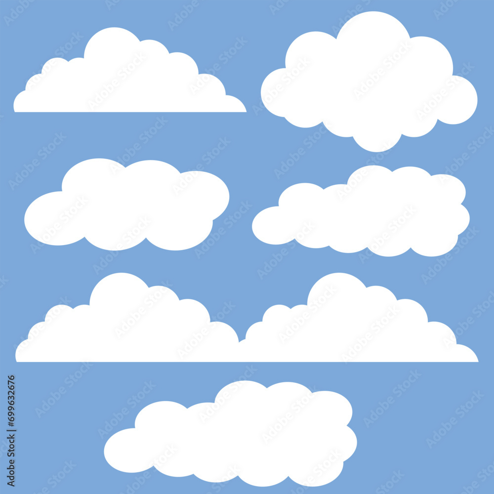 Long White Cloud sets. Abstract white cloudy set isolated Vector illustration with blue background
