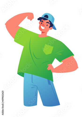 Self-confident person. Male character exude confidence and self-assurance. Cartoon young man  posing with strong pose showing strength and power.