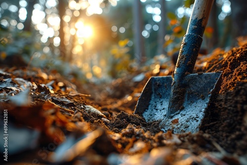 Close-up of shovel that is stuck in the ground, gardening, planting trees, construction, land cultivation photo