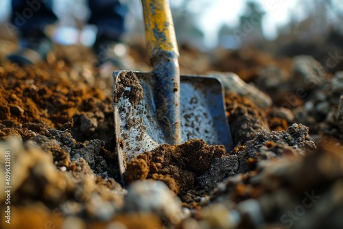 Close-up of shovel that is stuck in the ground, gardening, planting trees, construction, land cultivation