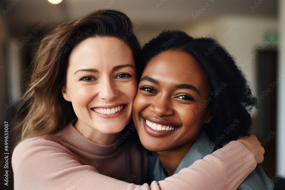 Close up portrait of smiling multiethnic women friends hug embrace posing in office together, happy diverse ethnic female colleagues coworkers show friendship at workplace, unity and support at work Close up portrait of smiling multiethnic women friends hug embrace posing in office together, happy diverse ethnic female colleagues coworkers show friendship at workplace, unity and support at work