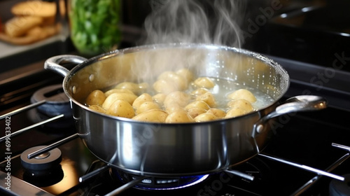 Potatoes boiling in a saucepan on a gas hob. AI Generative
