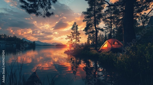 Camping tent next to a lake at sunset. Outdoor activity concept.