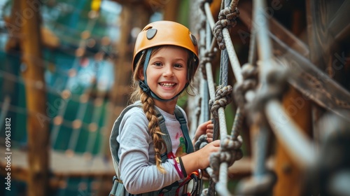 Happy child enjoying activity in climbing adventure in the park. Outdoor activity concept. photo