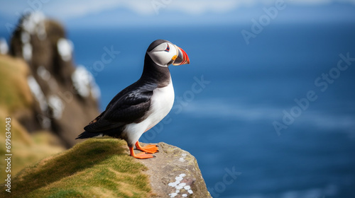 Portrait of an Atlantic puffin. Sea bird standing on a cliff in nature. AI Generative