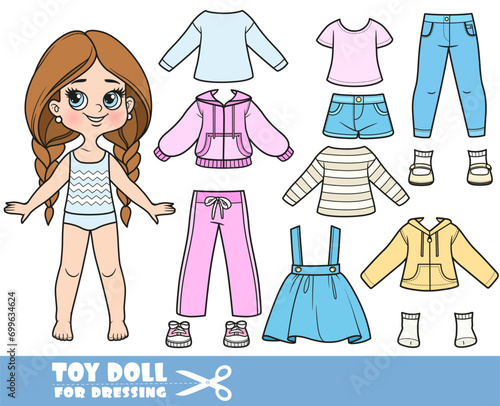 Cartoon long hair braided girl and clothes separately -  tracksuit, shorts, skirt with straps, jacket, shirt, jeans and sneakers doll for dressing