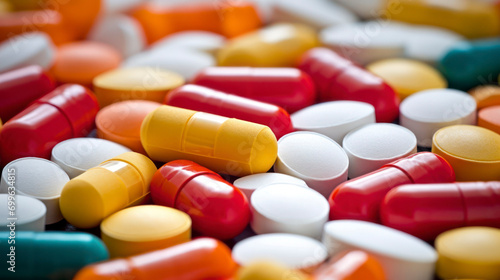 red yellow many tablets and capsules wallpaper background close-up
