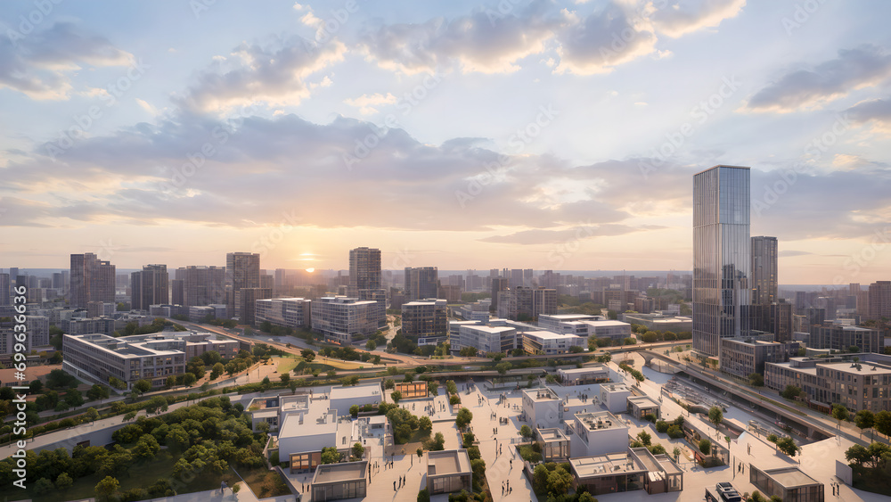 Modern city, dense building complex, eco-city at sunset Modern city, dense building complex, eco-city at sunset