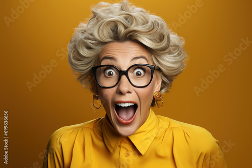 An amazed senior woman expresses dramatic surprise on yellow color studio background © AI_images_for_people