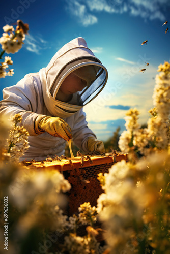 A beekeeper wears protective clothing and gathers honey surrounded by flowers