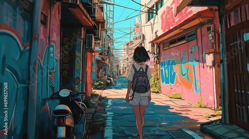 illustration of a girl exploring the vibrant street art scene in Jakarta. © McClerish