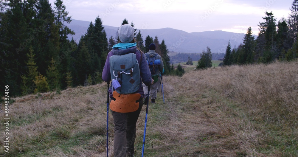 Young girl with backpack and trekking poles walking along trail in the woods with family. Group of hikers or tourists during hiking trip or trek in the mountains. Outdoor enthusiasts. Slow motion.