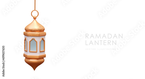 Poster with gold lantern in realistic style. Religious lighting item for celebrating Ramadan with gold elements. Vector illustration in 3d style with white background