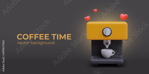 Web poster with black background and place for text. Realistic coffee machine in yellow and black colors with cup for drink. Vector illustration in realistic 3d style