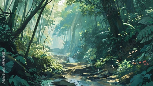 illustration of a mystical forest in Central Java with hidden Javanese spirits. photo