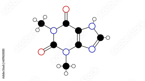 theophylline molecule, structural chemical formula, ball-and-stick model, isolated image inhibits phosphodiesterase photo