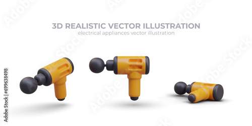 Percussive massage gun. Device for point vibration massage. Vector realistic model in different positions. Modern equipment for personal use. Templates for web design