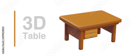 Placard with realistic table with storage compartment on white background. Poster with wooden desk and place for text. Vector illustration in 3d style