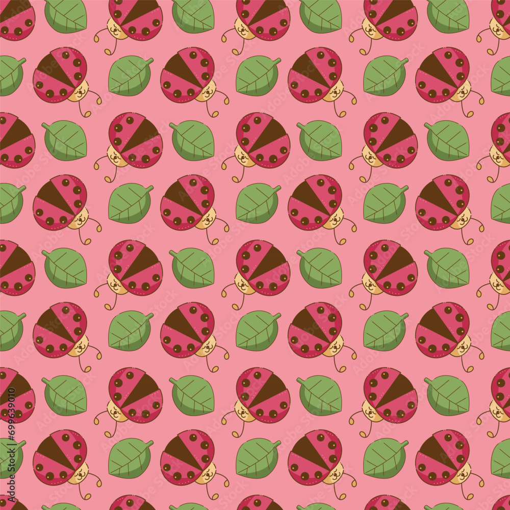 Seamless pattern with cute ladybug character and leaves. Cartoon doodle illustration. Seamless pattern with cute ladybug character and leaves. Cartoon doodle illustration.
