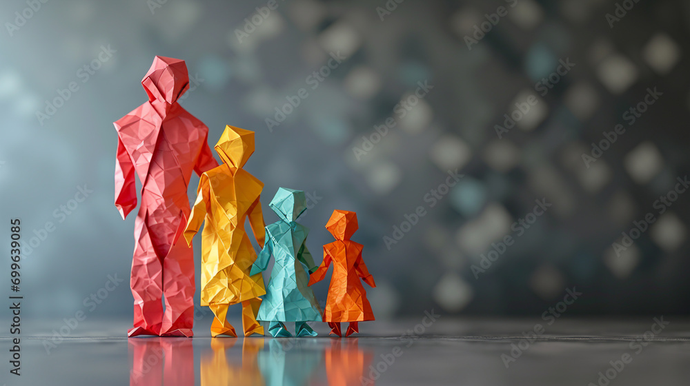 Naklejka premium Family-shaped origami photography concept with a minimalist style. Using light from one direction as lighting.