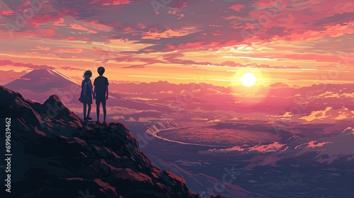 illustration of a couple sharing a sunrise at the edge of Mount Bromo's caldera