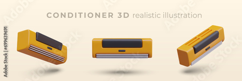 Realistic 3d air conditioner in different positions. Air heating and cooling equipment in yellow and black colors. Concept of equipment for home. Vector illustration in 3d style