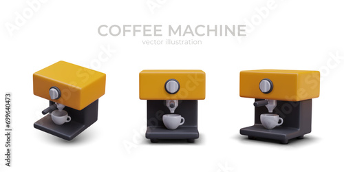Realistic poster with coffee machine in different positions, white background, and place for text. Coffee machines with drink cup prepares hot chocolate. Vector illustration in 3d style