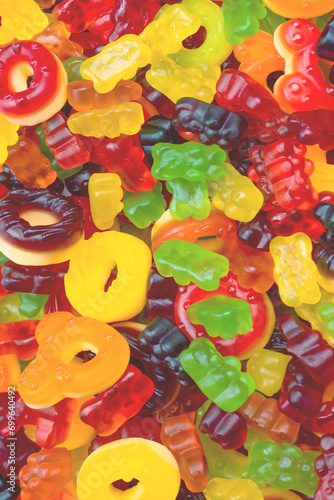 Assorted colorful gummy candies. Jelly donuts. Jelly bears.