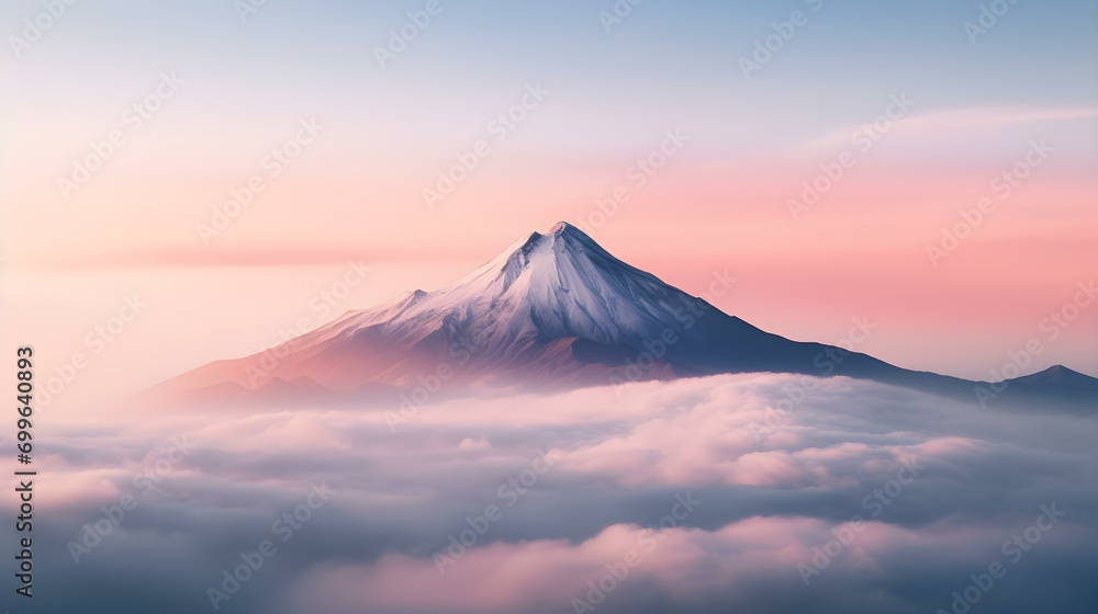 Mountain Peak Emerging above Sea of Clouds at Dawn