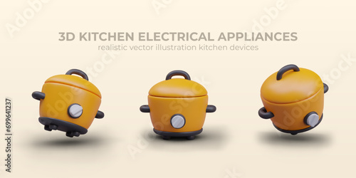 Slow cooker in different positions on yellow background with place for text. Concept of electric kitchen home appliance. Vector illustration in realistic 3d style