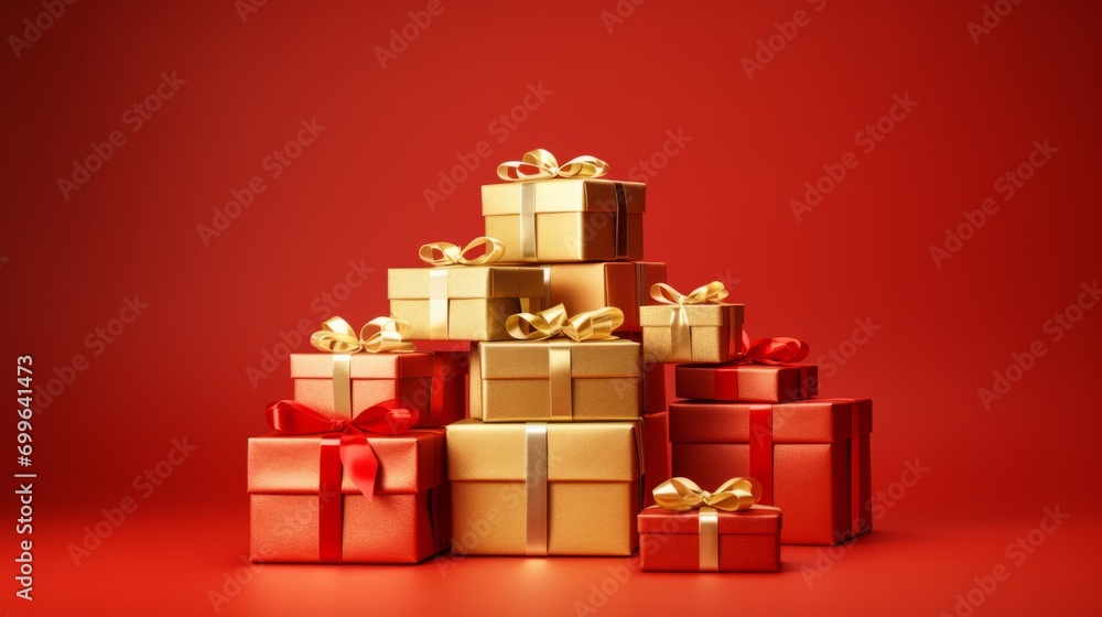 Obraz premium Festive stack: golden gift boxes with red ribbons on vibrant red background