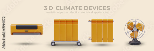Placard with different climate devices in yellow colors. Air conditioner, mobile battery heater and battery for central heating, portable fan. Vector illustration in 3d style