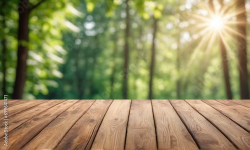 Wooden table for stand product with nature green forest background