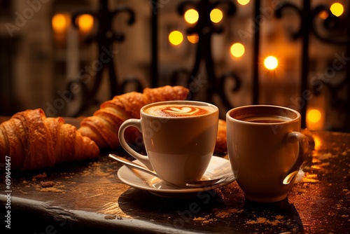 From softly blurred bokeh to dazzling caf   scene with coffees, pastries, and warm lighting photo